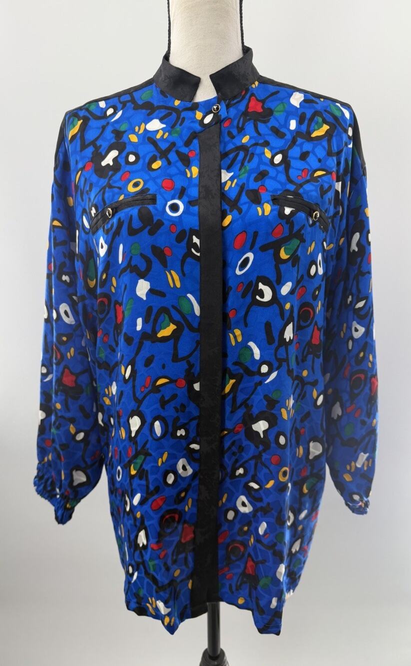 Vintage Diane Freis 100% Silk Abstract Print Blouse Cobalt Blue Black Oversized